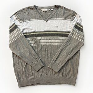 Travis Mathew Pullover Sweater‎ Men's XXL Gray Striped  V-Neck Long Sleeve Golf